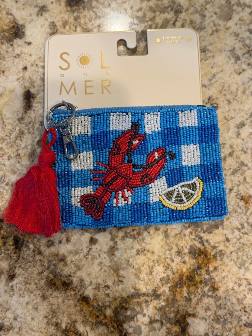 Sol and Mer Beaded Lobster Coin Pouch with Red Tassel and keychain